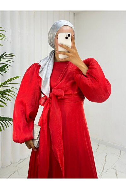 Modamorfo Janjan Fabric Dress with Front Cross Tie Detail - Red