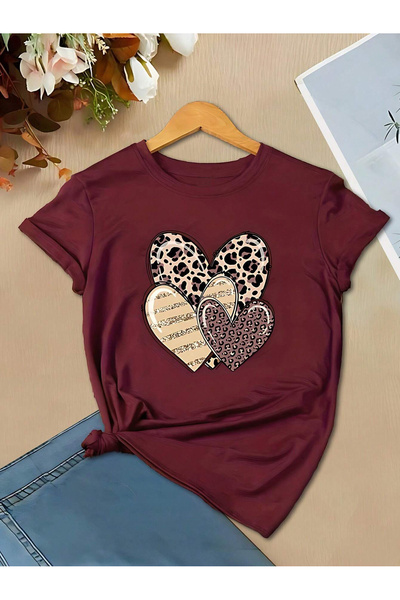 Lider Leather تيشيرت نسائي مقاس متوسط ​​طبعة ليوبارد 3 قلوب