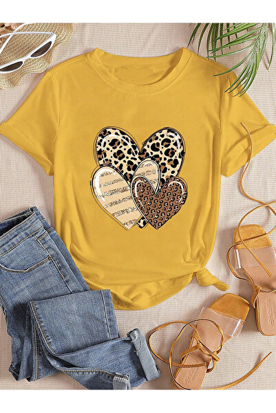 Lider Leather Дамска тениска със среден размер, с леопардов принт и три сърца