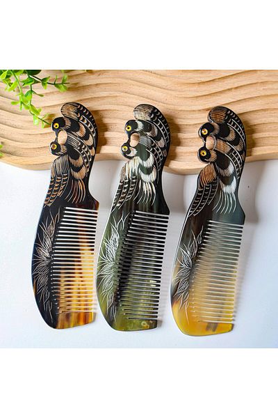 Wolawood Handmade Double Headed Peacock Patterned Antistatic Hair Care Unisex Bone Comb Made of Natural Horn