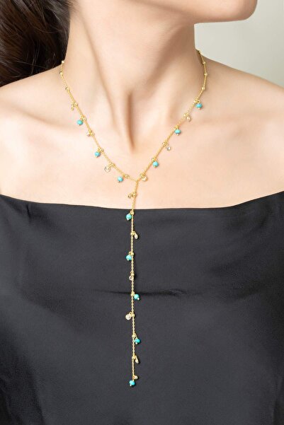 So CHIC... İkonik Turkuaz 18 Ayar Sarı Altın Kaplama 43 Cm Gümüş Y Kolye