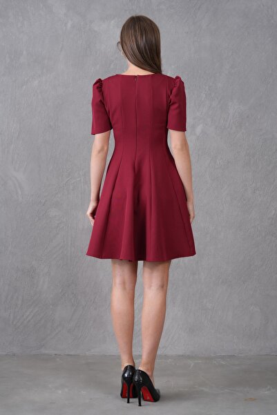 Secret Passion Lingerie Kadın Kısa Kollu Kloş Pile Tasarım Şık Bordo Mini Abiye Elbise 2199
