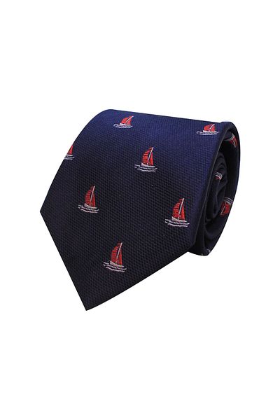COOLMENCLUB Sailboat Patterned Navy Blue Silk Tie