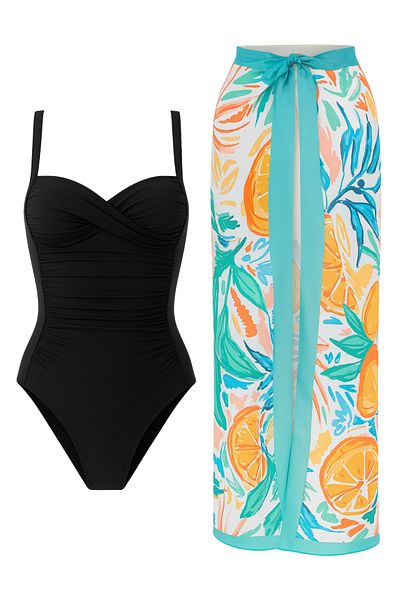 Paragon Adjustable Strap, Stylish and Slimming Effective Gathering Draped Swimsuit Pareo Set of 2