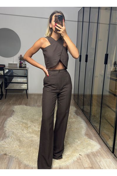 NET OF NOT Edna Bitter Brown Bamboo Linen Asymmetrical Blouse Trousers Set
