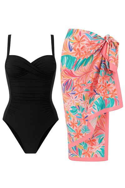 Paragon Adjustable Strap, Stylish and Slimming Effective Gathering Draped Swimsuit Pareo Set of 2