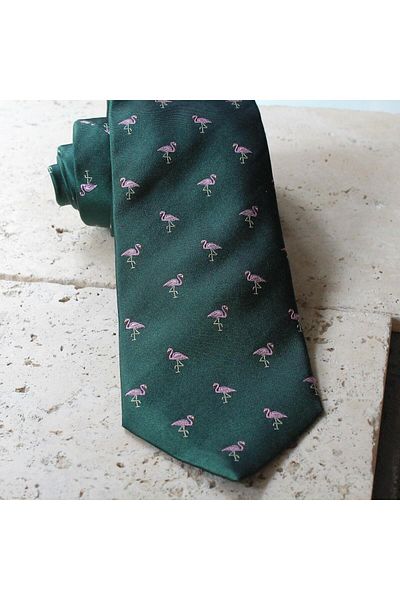 COOLMENCLUB Flamingo Patterned Green Silk Tie