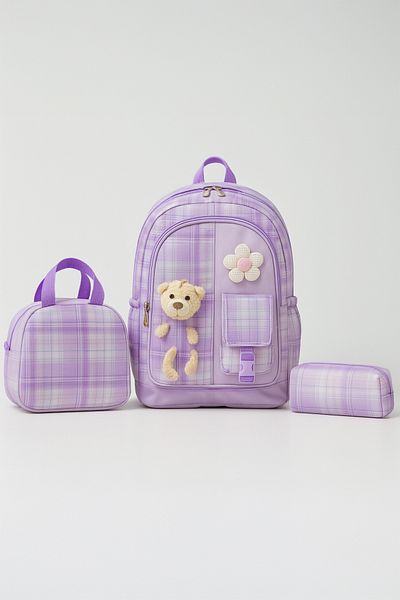 NEMO BAGS Geantă de școală primară cu ursuleț liliac, cu cutie de prânz și trusa de creion, rucsac durabil, 40x28cm