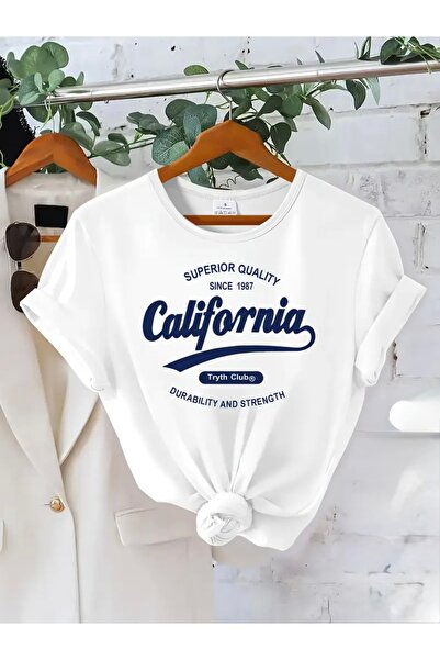 FUFLUNS تي شيرت برقبة دائرية كبيرة الحجم مطبوع عليه كاليفورنيا