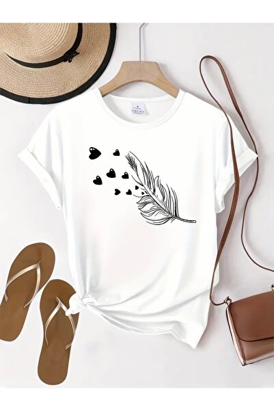 FUFLUNS Oversize Circleneck T-Shirt with Heart Feather Print
