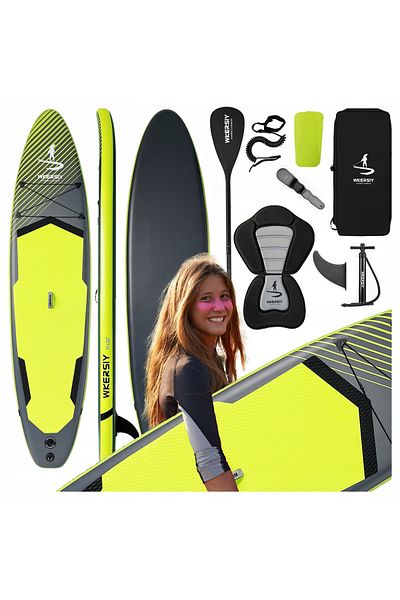 SERSIMO Inflatable SUP set, 340x82x15 cm, green – stand-up paddle, 180 kg, kayak seat and accessories