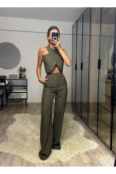 NET OF NOT Edna Khaki Bamboo Linen Asymmetrical Blouse Pants Set