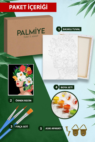 Palmiye Hobi Sanat Kırtasiye Sayılarla Boyama 40x50 Cm Tuval Seti Fırça Boya Dahil Çıtaya Gerili - Camdaki Vazo