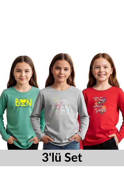 FYK KİDS 3-Piece Round Neck Printed Detail Girl's Sweatshirt