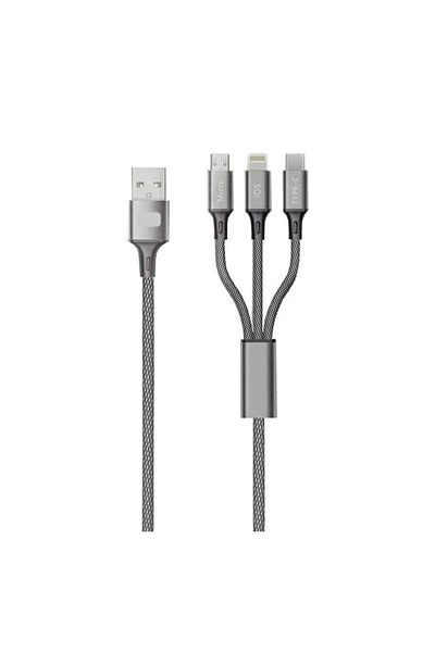 SOHO Cablu de încărcare 3-în-1 cu încărcare rapidă 2.4A, 1x Lightning, 1x Type-C, 1x MicroUSB, 1m, ranforsat, gri