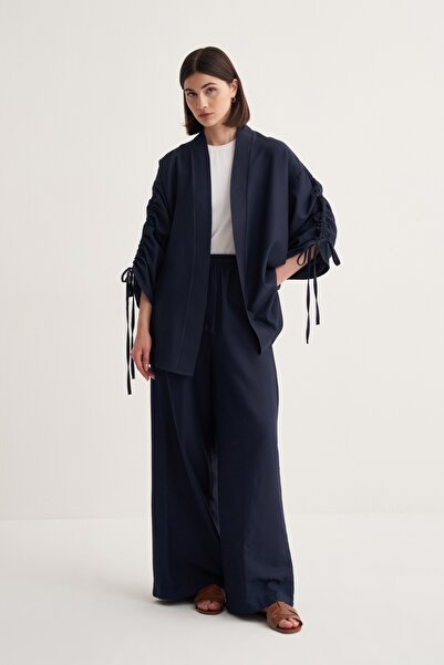 EBU Prive Women's Cupra Draped Cotton Drawstring Detailed Kimono Trousers Suit Navy Blue