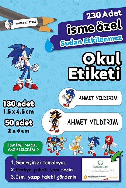 HediyeHanesi Sonic Temalı Kişiye Özel İsimli Defter Kalem Okul Etiketi, Yırtı...