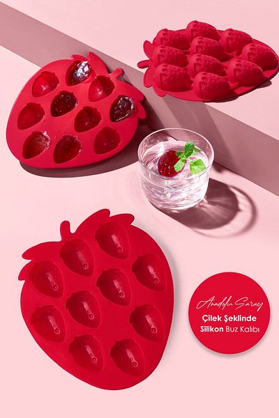 Anadolu Saray 2 Pieces Practical Strawberry Shaped Silicone Ice Mold |   Silicone Non-Stick Ice Box Strawberry Ice Mold