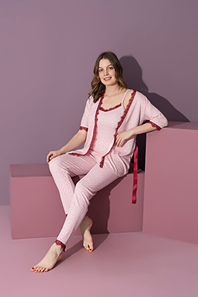 rindahomewear KADIN FİTİLLİ 3 PARÇA SABAHLIK SET PİJAMA TAKIMI