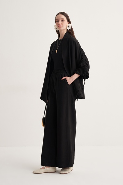 EBU Prive Women's Cupra Draped Cotton Drawstring Detailed Kimono Trousers Set Black