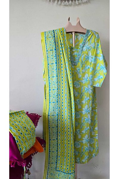 THUGFIT YELLOW GREEN PURE COTTON CHURIDAR 3 PCE SET