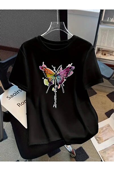 FUFLUNS Oversize Crew Neck T-Shirt with Watercolor Butterfly Print