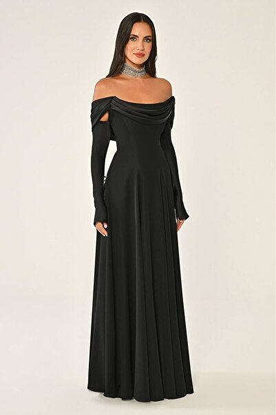 ALFABETA Elegant long evening dress with lapel detail, short sleeves and long sleeves