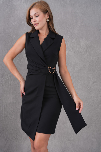 vuvutasarım Double Kumaş Kruvaze Yaka Kuşak ve Aksesuarlı Tasarım Kolsuz Siyah Mini Ceket Abiye Elbise 77138