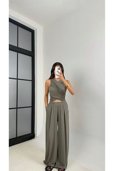 manana fashion Salopetă lungă de vară din țesătură modală, cu talie decoltată și buzunare elastice