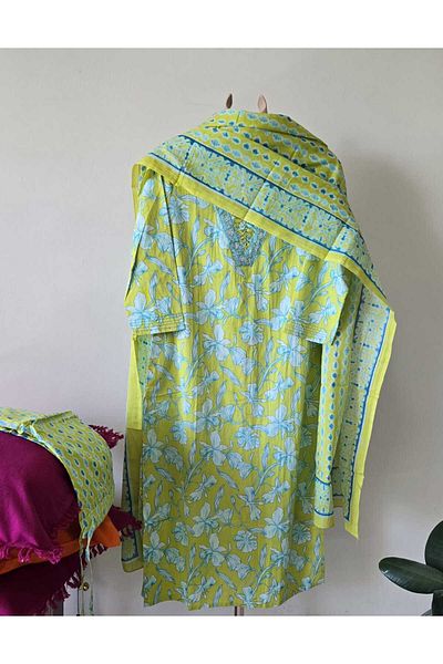 THUGFIT YELLOW GREEN PURE COTTON CHURIDAR 3 PCE SET