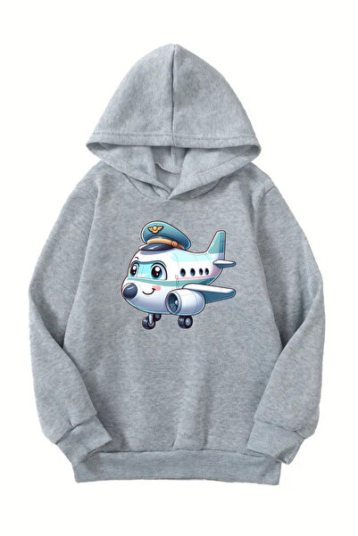 DUBU BUTİK Hanorac unisex gri pentru copii cu glugă – țesătură groasă cu impr...