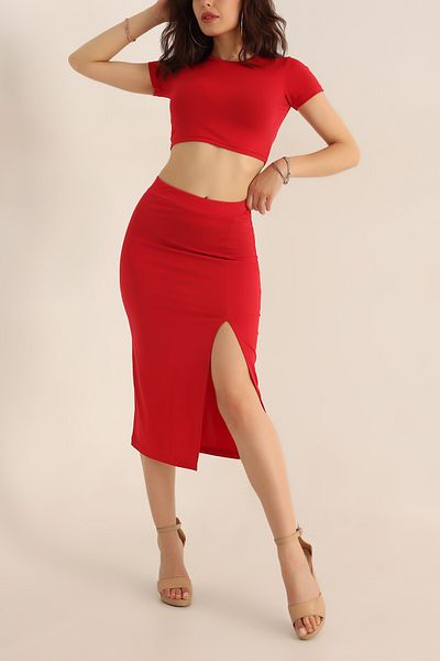 Gülmude Sandy Fabric Skirt with Side Slit Crop Bottom Top Set