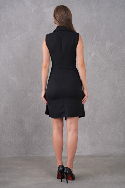 vuvutasarım Double Kumaş Kruvaze Yaka Kuşak ve Aksesuarlı Tasarım Kolsuz Siyah Mini Ceket Abiye Elbise 77138