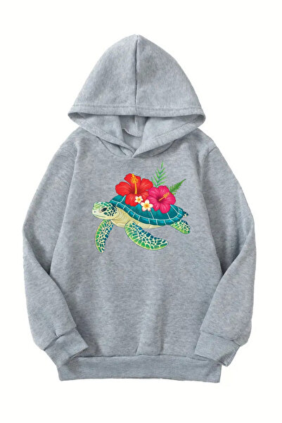 DUBU BUTİK Унисекс сива детска суитшърт с качулка – принт с костенурка, дебел...