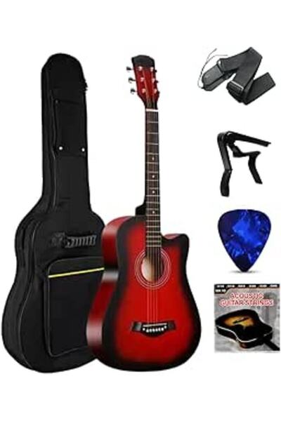 MegArya 38-Inch Acoustic Guitar with Gig Bag, Tuner, Picks, Capo & Strap Included (Red)
