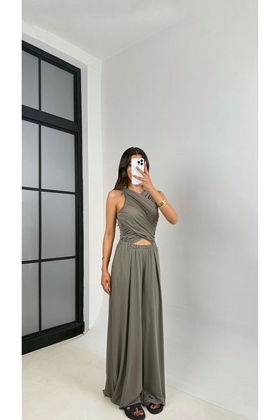 manana fashion Salopetă lungă de vară din țesătură modală, cu talie decoltată și buzunare elastice