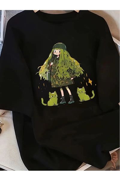 Touz Moda Унисекс тениска с голям размер Anime Green Girl