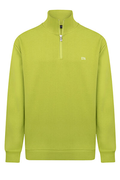 Basics&More Erkek Relax Fit Rahat Kesim Pamuklu Yarım Fermuarlı Fıstık Yeşil Dik Yaka Sweatshirt