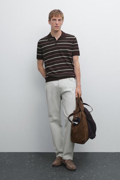 Massimo Dutti %100 pamuklu çizgili triko polo yaka t-shirt