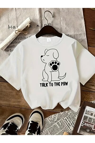 FUFLUNS تي شيرت برقبة دائرية كبيرة الحجم مطبوع عليه TALK TO THE PAW