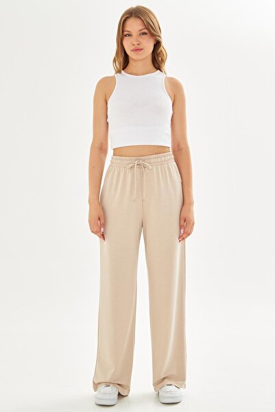 TRENDHİLL Γυναικείο ύφασμα Modal Άνετο Φούτερ με φαρδύ πόδι Μπεζ 8101-B