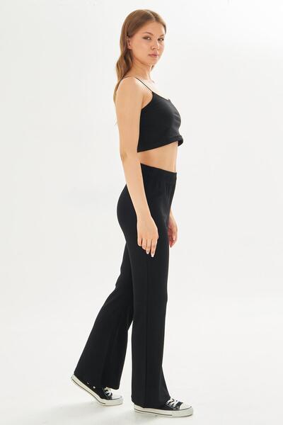 TRENDHİLL Women's Modal Fabric High Waist Wide Leg Sweatpants Black 8102-S