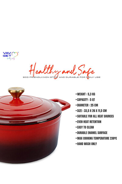 VAV GET Enameled Cast Iron Casserole Dish with Lid - 5 Quart Enamel Cookware Pot