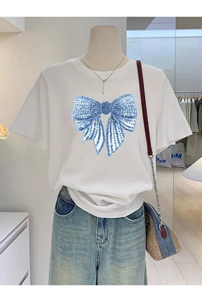 FUFLUNS تي شيرت برقبة دائرية كبيرة الحجم مطبوع عليه شريط أزرق