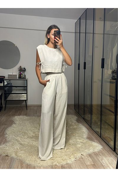 NET OF NOT Hope Beige Bamboo Linen Blouse Trousers Set