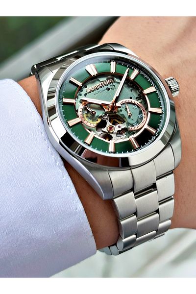 Quantum Automatic Silver-Green Color 10 Atm Waterproof Steel Cord Steel Case Men Wristwatch 1132.370