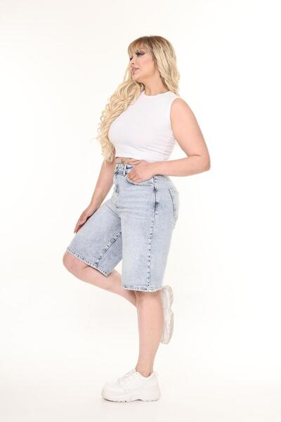 Zeo Basic KADIN BÜYÜK BEDEN LİKRALI UZUN BERMUDA KOT ŞORT MİDİ BOY AÇIK MAVİ KAR