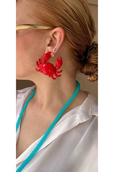 Esmeray Aksesuar Gold Renk Rodyum Kaplama Kırmızı Yengeç Figürlü Küpe Genişlik 5 cm. Uzunluk 7 cm.