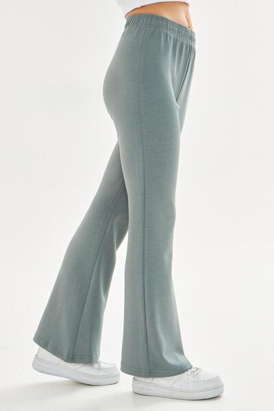 TRENDHİLL Women's Modal Fabric High Waist Wide Leg Sweatpants Green 8102-Y