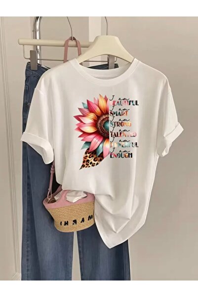 FUFLUNS Colorful Design Flower Printed Oversize Circle Neck T-Shirt